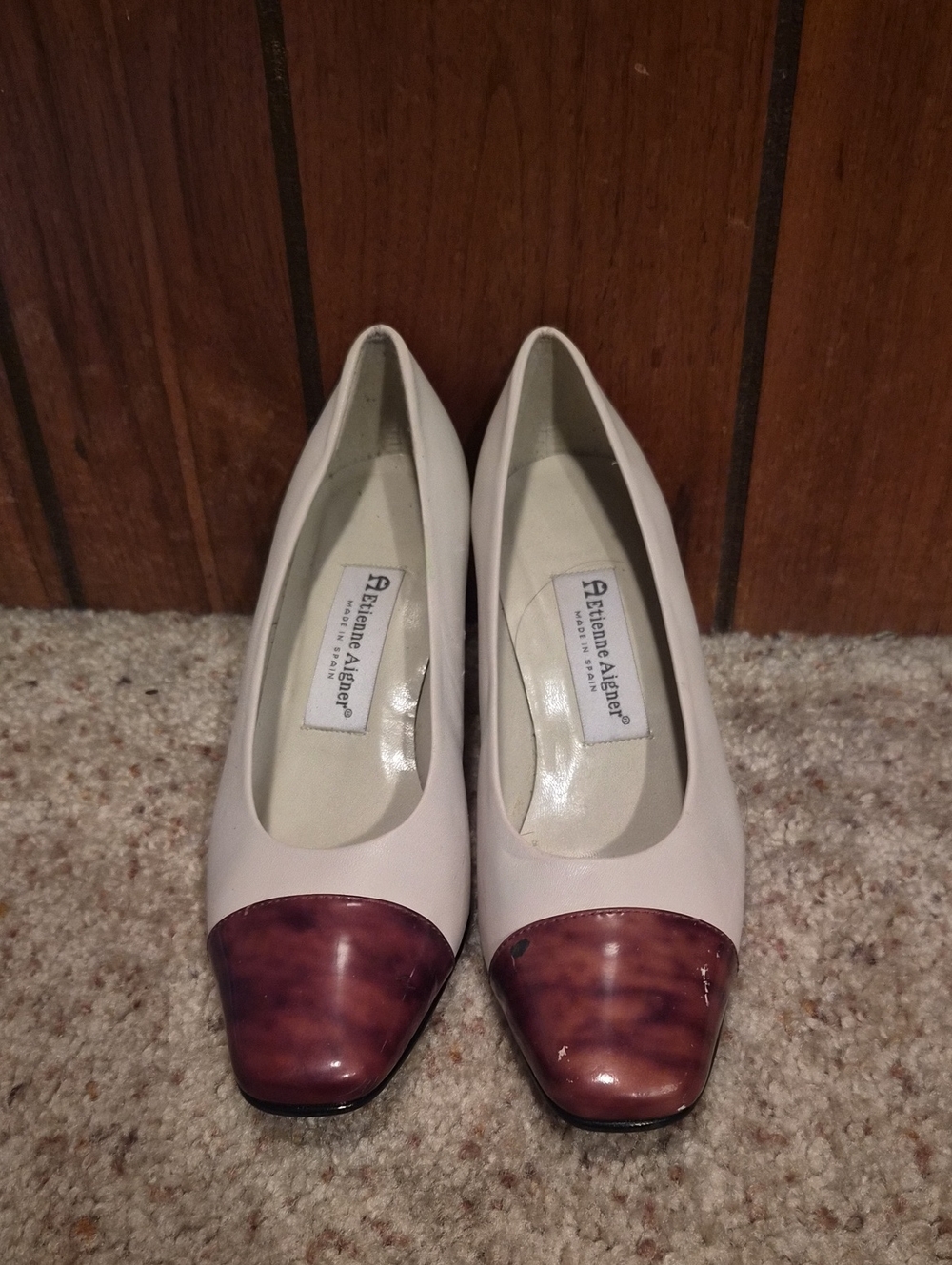 Etienne Aigner White Pumps with Mauve Patent Cap Toe